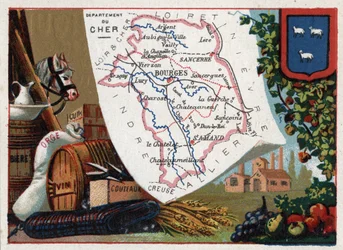 Le Cher (18), Centre, França. Série sobre os Departamentos franceses. Cerveja, cevada, couro, vinho e facas. Chromolitografia (Chromo) "o fio geográfico", cerca de 1920. Colecção privada.