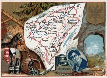 Le Doubs (25), Franche Comte (Franche-Comte), França. Retrato de Georges Cuvier (1764-1832), paleontólogo francês. Especialidade local: kirsch, absinto, relojoaria, arame e agricultura. Série sobre os Departamentos franceses. Cromolitografia (Chromo) "o