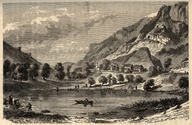 Le Lauzet-Ubaye - Le lac du Lauzet - comuna do departamento de Alpes-de-Haute-Provence no sudeste da França - gravura em "PATRIE" - DESCRIÇÃO PECTUREQUIREQUE DE LA FRANCE EN 6 VOLUES BY LUCIEN HUARD - final do século XIX