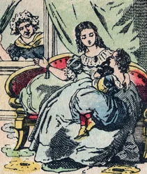 Le Pere Fouettard, personagem francês do pai chicoteador, figura lendária do folclore que castiga os filhos marotos: a sua mulher, La Mere Fouettard a mãe chicoteadora que não repreende os filhos sábios - Quadro epinal