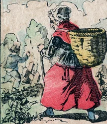 Le Pere Fouettard, personagem francês do pai chicoteador, figura lendária do folclore que castiga as crianças marotas: sua esposa, La Mere Fouettard, a mãe chicoteadora que persegue as crianças que faltam à escola - Quadro epinal
