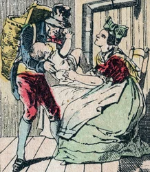 Le Pere Fouettard personagem francês para o pai chicoteador, figura lendária do folclore castigando as crianças malandrecas e enclausurando as desobedientes, Quadro epinal do século XIX (gravura)
