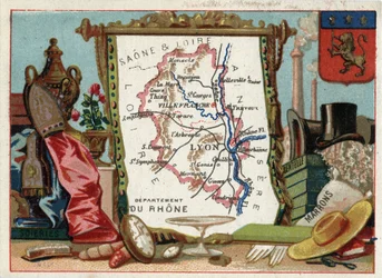 Le Rhone (69), Rhone Alpes (Rhone-Alpes), França. Especialidade local: seda, castanha, renda. Série sobre os Departamentos franceses. Chromolitografia (Chromo) "o fio geográfico", cerca de 1920. Colecção privada.