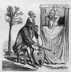 O maestro Offenbach monopoliza com a sua música todos os teatros de Paris. O compositor alemão-francês Jacques Offenbach (1819-1880) tocando violoncelo. Caricatura de Cham. Gravura em "Le Monde Illustre" n°499 de 3 de Novembro de 1866.