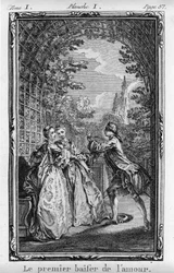O primeiro beijo do amor. Ilustração de «Júlia ou A Nova Heloísa», de Jean-Jacques Rousseau (1712-1788), ed. 1769