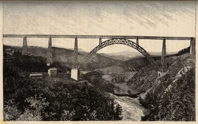 Le viaduct de Garabit - Cantal - Auvergne-Rhone-Alpes - gravura em "PATRIE" - DESCRIPTION PACUREQUIREQUE DE LA FRANCE EN 6 VOLUES BY LUCIEN HUARD - final do século XIX