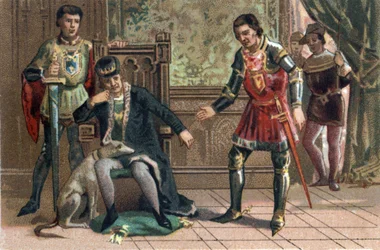 Liga do Bem Público: O Rei Luís XI encontra Charles the Temeraire em Peronne, Duque de Borgonha. Cromolitografia por volta de 1890.