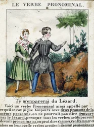 Lecon nos verbos pronominais. Em "La grammaire en images", álbum de folhetos, cerca de 1850.