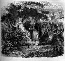 Lenda de Carlos Magno e a cobra: o imperador em frente ao ninho da cobra ocupado por um sapo. Gravura de 1852.