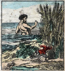 Lemuel Gulliver esconde-se de um gigante em Brobdingnag. Ilustração para "Gulliver