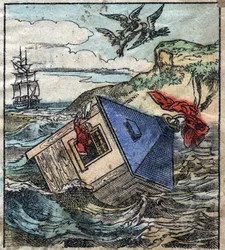 Lemuel Gulliver está em sua casa na terra dos gigantes de Brobdingnag. Ilustração para "Gulliver