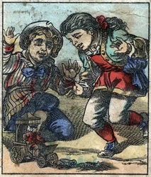Lemuel Gulliver é usado como um brinquedo pelas crianças gigantes de Brobdingnag. Ilustração para "Gulliver