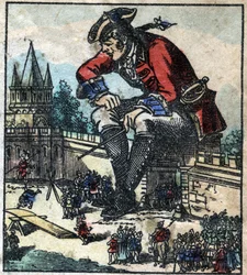 Lemuel Gulliver sentado na muralha de fortificação da cidade explica a estratégia para o exército liliputiano. Ilustração para "Gulliver
