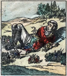 Lemuel Gulliver acordou depois do seu naufrágio e foi feito prisioneiro pelos Lilliputianos. Ilustração para "Gulliver
