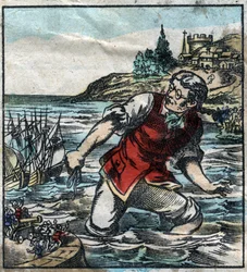 Lemuel Gullliver despediu os navios do exército de Blefuscu para o porto capital de Lilliput. Ilustração para "Gulliver