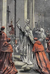 Leão XIII, ne Vincenzo Gioacchino Raffaele Luigi Pecci (1810-1903), 256º Papa da Igreja Católica, arma de um martelo de ouro, abre a porta do jubileu em São Pedro (São Pedro) do Vaticano em 24 de Dezembro de 1899. Gravura em "Le Pelerin 31/12/1899.