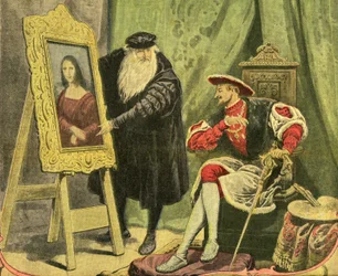 Leonard de Vinci apresenta o seu quadro La Mona Lisa (Mona Lisa, Monna Lisa) a François 1er, que o comprou por 4000 florins de ouro (15 quilos de ouro) em 1517. Gravura na capa do suplemento ilustrado do Jornal Petiure n° 1206, 28/12/1913.