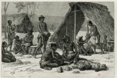 Les Indiens Galibis (ou Kalinas) fazendo cerâmica, gravada por D.Maillart, para ilustrar a viagem de exploração no interior da Guiana pelo Dr. Jules Crevaux, médico da Marinha Francesa, em 1876-1877, publicada no tour du monde, sob a direção do