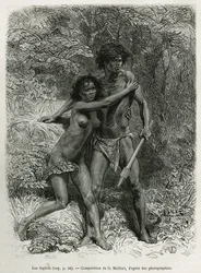 Les fugitives aborigenes, gravura segundo um desenho de D. Maillart, para ilustrar a história Seis meses na Austrália, de Desire Charnay, missão do Ministério da Instrução Pública, em 1878, publicada no tour du monde, sob a direção de