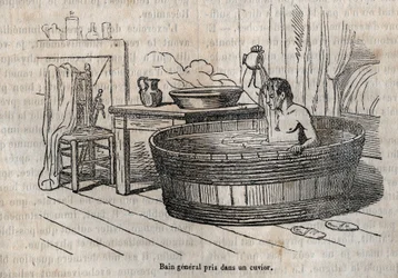 Les gestes du bain - Hygiene au 19 century - bath in a bowl - gravura em "La Sante Universelle - Guide Medical des Familles" 1852