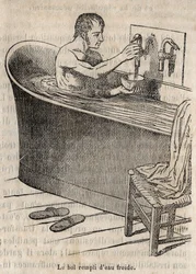 Les gesures du bain - Hygiene au 19 century - man in a bathtub - gravura em "La Sante Universelle - Guide Medical des Familles" 1852