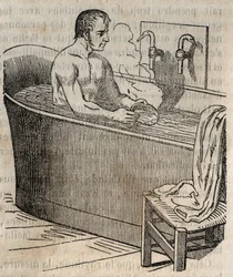 Les gesures du bain - Hygiene au 19 century - man in a bathtub - gravura em "La Sante Universelle - Guide Medical des Familles" 1852