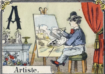 Carta A: artista. Alfabeto recreativo. Imagem epinal. Gravuras em madeira estampada, cerca de 1880. Pequeno livreto de 16 páginas (205 x 150 mm). Coleção Particular
