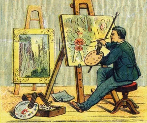 Carta A: pintor no seu estúdio. Gravura em "ABC indechirable sobre tela envernizada". A. Capendu, editor, Paris, final do século XIX. Livraria ilustrada para crianças. 8 páginas. Dim: 21,5x18cm .