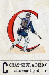 Carta C como Caçador de pés. Alfabeto Militar (ABC ou abecedário). Imaging of Epinal, circa 1870-1880). Cortes de madeira na cor Stencil. Coleção Particular