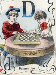 Carta D: Jogo de damas. Gravação em "ABC des joux pour petits boys". Imagem de Pont-a-Mousson, Louis Vagne, impressora-editor, final do século XIX. Dim: 32,5x25 cm