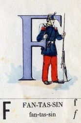 Carta F como soldado de infantaria. Alfabeto Militar . Imagem de Epinal, cerca de 1870-1880. Cortes de madeira na cor Stencil.