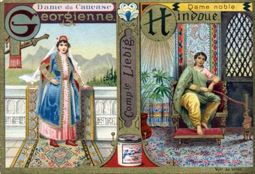 Carta G como Senhora Georgiana do Cáucaso e H como Senhora Nobre Hindu. Alfabeto feminino . Série de 12 imagens. Liebig publicidade