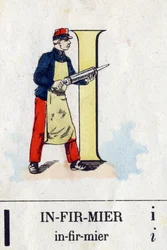 Carta I como enfermeira. Alfabeto Militar . Imagem de Epinal, cerca de 1870-1880. Cortes de madeira na cor Stencil.