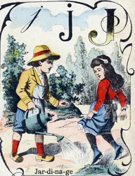 Carta J: Jardinagem. Gravação em "ABC des joux pour petits boys". Imagem de Pont-a-Mousson, Louis Vagne, impressora-editor, final do século XIX. Dim: 32,5x25 cm