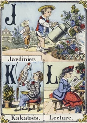 Letras J, K e L: jardineiro, kakatoes e leitura. Alfabeto recreativo. Imagem epinal. Gravuras em madeira estampada, cerca de 1880. Pequeno livreto de 16 páginas.
