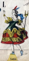 Carta L: Duende. Gravura em "Alfabeto mascarado". Nova imagem epinal. Impressão-litografia Pinot et Sagaire, editores, Epinal, segunda metade do século XIX . Placa Ná 491 com 25 letras iluminadas. Dim: 40,5x28cm