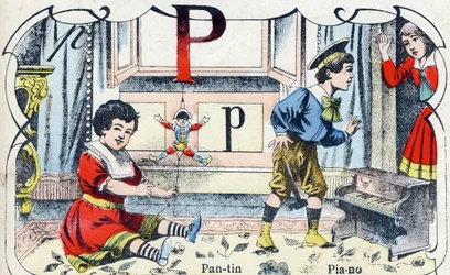Letra P Pantin Piano. Gravação em "ABC des joux pour petits boys". Imagem de Pont-a-Mousson, Louis Vagne, impressora-editor, final do século XIX. Dim: 32,5x25 cm