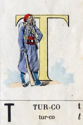 A letra T gosta de turco. Alfabeto Militar . Imagem de Epinal, cerca de 1870-1880. Gravura em madeira estampada.