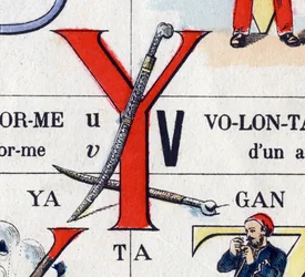 Carta Y como yatagan. Alfabeto Militar . Imagem de Epinal, cerca de 1870-1880. Cortes de lenha cor de estêncil.