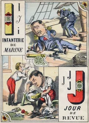 Cartas I e J: Infantaria Marinha e Dia de Revisão. Gravação em "Alfabeto Militar Cômico". Quinta série. Imagem epinal. Pellerin e Cie, Printers, Epinal, final do século XIX. 16 páginas. Dim: 25x18,5cm.