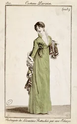 Sobretudo levantino preso por um lenço, moda placa de traje Parisien, 1810