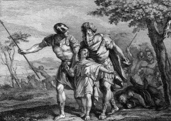 Liberação de Childebert II (570-596), rei da Austrália, 575: filho de Childebert I e Brunehilde (Brunehaut), tinha sido levado por seu tio, Chilperic 1er, com a morte de seu pai. Gravura do século XVIII.