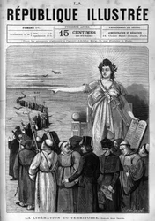 Libertação do território: a República Francesa expulsa congregações religiosas não autorizadas do território francês, seguindo os decretos de março de 1880 tomados por Jules Ferry e privando-as do direito de ensinar. Um jornal. Gravura a partir de 1880 em 