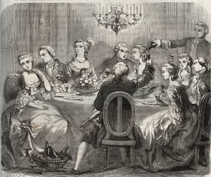 Libertinagem: Christian VII (1749-1808), Rei da Dinamarca e Noruega, durante uma festa libertinagem organizada pela bailarina Marie Madeleine Guimard (1743-1816) na sua casa de Pantin. Gravura de 1871 em "Histoire Des Cocus Celebres" de Henry de Kock (1819