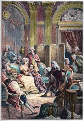 Salão de Ninhada - Leitura de "Paul and Virginie" de Jacques-Henri Bernardin de Saint-Pierre (Saint Pierre) nos salões da Madame Necker em Paris - ao lado de Mme Necker seu marido Jacques Necker e sua filha Germaine, mais tarde, Mme de Stael - Palestra