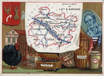 Lot et Garonne (Lot-et-Garonne, 47), Aquitaine, França. Fábrica de tabaco, criação de perus, vinho, rolhas, ameixas, aguardente, gasolina terebentina. Retrato de Bernard Germain Etienne de Laville-sur-Illon, Conde de Lacepede (ou de la Cepede