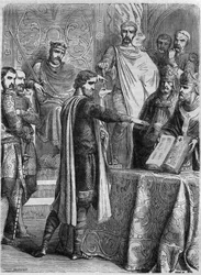 Lotharia II (825-869) fez o juramento sobre o Evangelho perante o Papa Adrien II (792-872) em Roma em 869. Gravação em "Histoire des Papes-Rois-Queen and Empereurs a travessa les centuries" por Maurice Lachatre