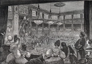 Louis-Philippe I é empossado como rei perante a Câmara dos Deputados, 9 de Agosto de 1830 - Revolução de 1830: "O Rei Luís Filipe I (1773-1850) presta juramento de manter a Carta de 1830 na presença das câmaras reunidas na sala provisória do Pa