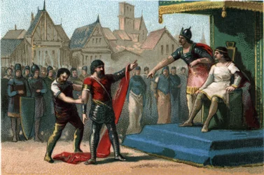 Louis 1er dit Le Debonnaire (814-840) foi degradado e despojado por seus filhos de seus imperios. Cromolitografia por volta de 1890.