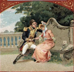 Louis Alexandre (Louis-Alexandre) Berthier (1753-1815), Príncipe de Wagram, com Madame Visconti, sua amante, no Chateau de Grosbois. Cromolitografia do final do século XIX